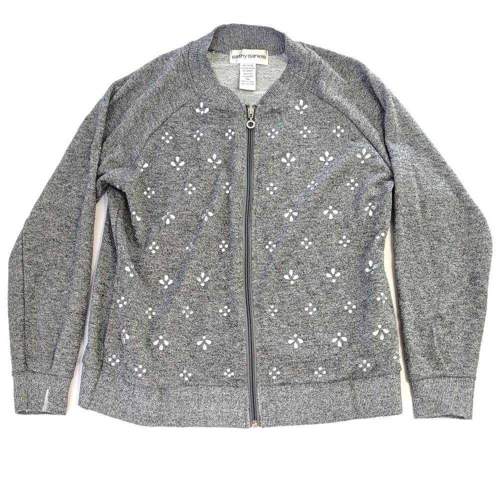 Cathy Daniels Gray Rhinestone Zip Up Sweater Jacket Petite Medium PM Floral Knit
